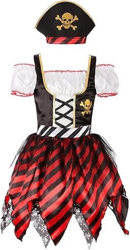Tempura Little Girl Halloween Costume Pirate Dress Long Sleeve Lace Midi Dress+Cosplay Party Club Vest+Waist Belt+Headwear in Kuwait