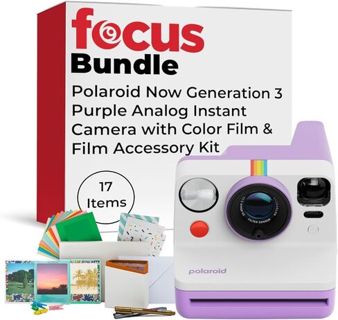مجموعة كاميرا Polaroid Now Generation 3 الأرجوانية التناظرية الفورية مع فيلم وملحقات - نظام التركيز البؤري التلقائي ثنائي العدسات ووضع يدوي وحامل ثلاثي القوائم مدمج (17 عنصرًا) in Saudi Arabia