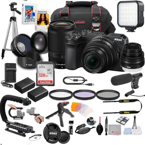 كاميرا Nikon Z30 بدون مرآة مع عدسة 16-50 مم و55-250 مم، وإضاءة LED، وميكروفون، وذاكرة تخزين 128 جيجابايت، وقبضة U، ومرشحات، وحامل ثلاثي القوائم، وحقيبة، وبرامج، والمزيد - حزمة فيديو احترافية (40 قطعة) in Kuwait