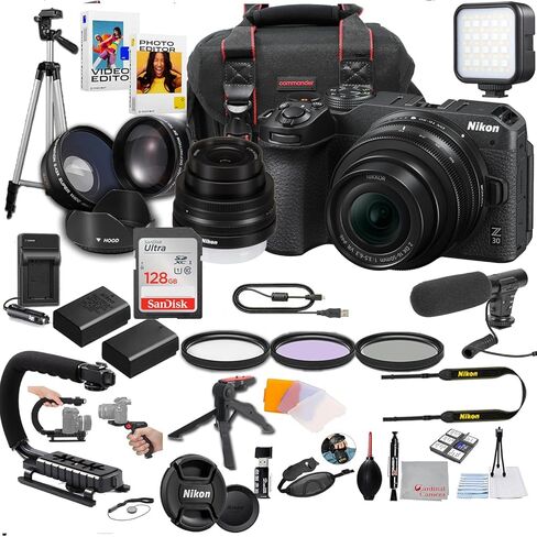 كاميرا Nikon Z30 بدون مرآة مع عدسة مقاس 16-50 مم، وإضاءة LED، وميكروفون، وذاكرة تخزين سعة 128 جيجابايت، وقبضة U، ومرشحات، وحامل ثلاثي القوائم، وحقيبة، وبرامج، والمزيد - حزمة فيديو احترافية (38 قطعة) in Kuwait