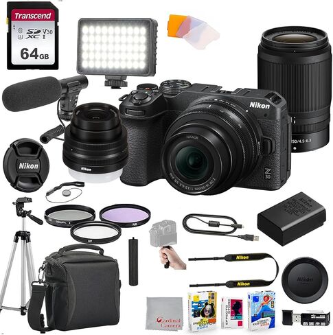 كاميرا Nikon Z30 بدون مرآة مع عدسة 16-50 مم و55-250 مم، وذاكرة 64 جيجابايت، وميكروفون فيديو، وإضاءة فيديو LED، وحقيبة، وحامل ثلاثي القوائم، ومرشحات، وغطاء محرك السيارة، ومقبض، ومجموعة برامج تحرير الفيديو والصور in Kuwait