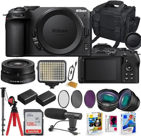 كاميرا Nikon Z30 بدون مرآة مع مجموعة عدسات مقاس 16-50 مم مع بطارية إضافية، وإضاءة LED، وميكروفون، وفلاش ذاكرة عالي السرعة سعة 128 جيجابايت، وحزمة ملحقات (25 عنصرًا) in Saudi Arabia