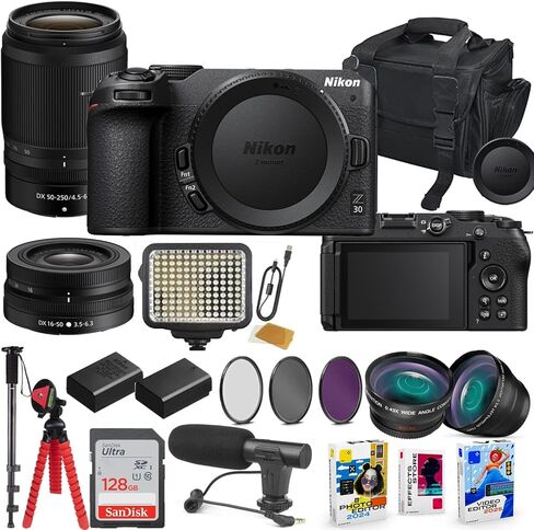 كاميرا Nikon Z30 بدون مرآة مع مجموعة عدسات 16-50 مم و55-250 مم مع بطارية إضافية، وإضاءة LED، وميكروفون، وفلاش ذاكرة عالي السرعة سعة 128 جيجابايت، وحزمة ملحقات (28 عنصرًا) in Saudi Arabia