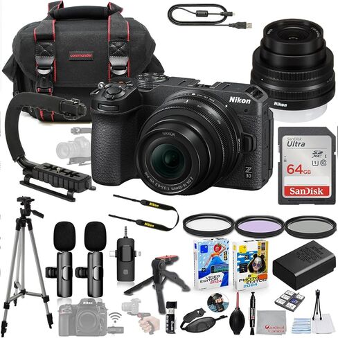 كاميرا Nikon Z30 بدون مرآة مع مجموعة عدسات مقاس 16-50 مم + نظام ميكروفون لاسلكي + حزمة ملحقات تتضمن ذاكرة سعة 64 جيجابايت، وقبضة U، وحقيبة، وحامل ثلاثي القوائم، وبرامج والمزيد (35 عنصرًا) in Saudi Arabia