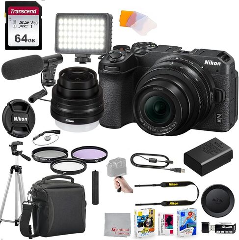 كاميرا Nikon Z30 بدون مرآة مع عدسة مقاس 16-50 مم، وذاكرة سعة 64 جيجابايت، وميكروفون فيديو، وإضاءة فيديو LED، وحقيبة، وحامل ثلاثي الأرجل، ومرشحات، وغطاء رأس، ومقبض، ومجموعة برامج تحرير الفيديو والصور in Saudi Arabia