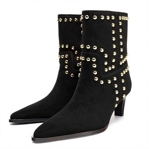 Womens Suede Studded Kitten Heel Ankle Boots Fashion Pointed Toe Pull On Low Heel Mid-Calf Booties For Party Prom Dressy Dating in Saudi Arabia