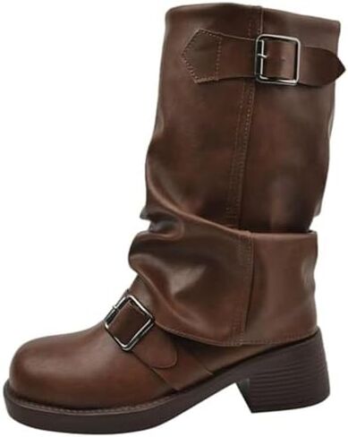 Winter Boots for Women French Vintage Western High Heeled Stacked Pleated Mid Calf in Saudi Arabia