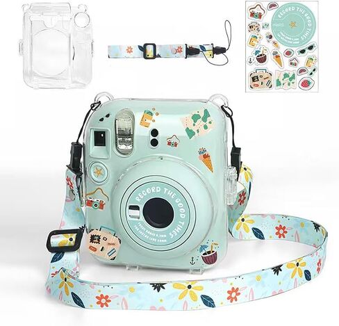 Protective Camera Case for Fujifilm Instax Mini 12, Clear Hard Carrying Case Bag with Photo Storage Pocket & Removable Shoulder Strap & Decorative Stickers in Saudi Arabia