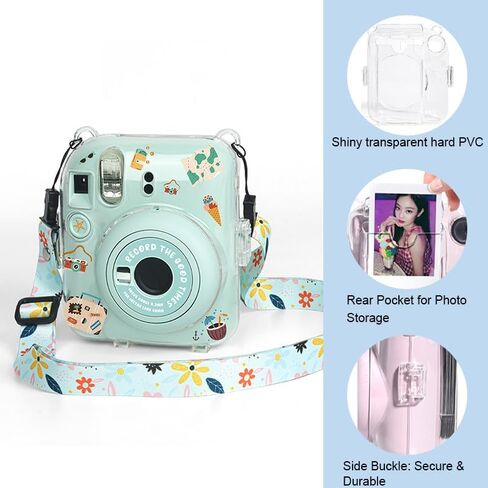 Protective Camera Case for Fujifilm Instax Mini 12, Clear Hard Carrying Case Bag with Photo Storage Pocket & Removable Shoulder Strap & Decorative Stickers in Saudi Arabia