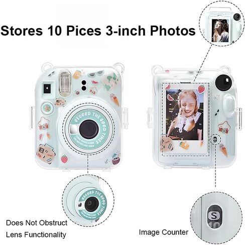 Protective Camera Case for Fujifilm Instax Mini 12, Clear Hard Carrying Case Bag with Photo Storage Pocket & Removable Shoulder Strap & Decorative Stickers in Saudi Arabia