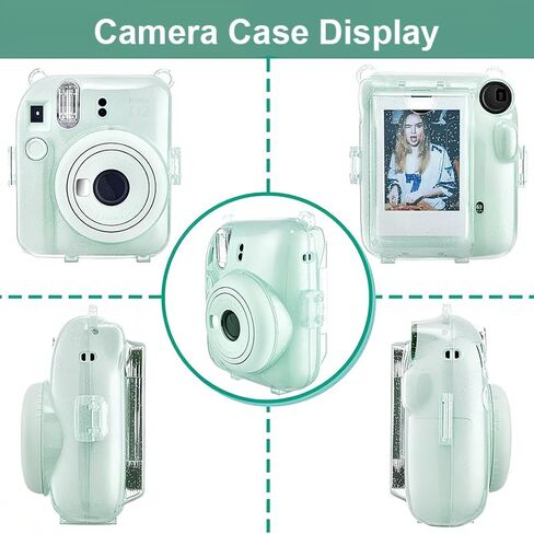 Protective Camera Case for Fujifilm Instax Mini 12, Clear Hard Carrying Case Bag with Photo Storage Pocket & Removable Shoulder Strap & Decorative Stickers in Saudi Arabia