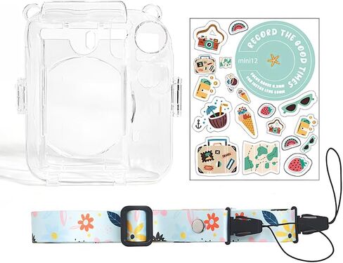 Protective Camera Case for Fujifilm Instax Mini 12, Clear Hard Carrying Case Bag with Photo Storage Pocket & Removable Shoulder Strap & Decorative Stickers in Saudi Arabia