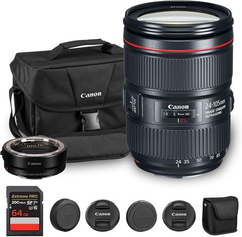 عدسة Canon EF 24-105mm f/4L هي عدسة II USM | تكبير قياسي من السلسلة L مع تثبيت الصورة والبصريات المتقدمة | مثالية للصور الشخصية وحفلات الزفاف والتصوير الفوتوغرافي اليومي + محول EF-EOS R + حقيبة + بطاقة سعة 64 جيجابايت in Saudi Arabia