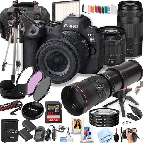 كاميرا Canon EOS R6 Mark II بدون مرآة مع عدسة 24-105 مم و75-300 مم + عدسة مقربة فائقة مقاس 420-800 مم + ذاكرة فائقة سعة 128 جيجابايت، ومصباح فيديو LED، ومرشحات - حزمة احترافية مكونة من 40 قطعة (متجددة) in Kuwait