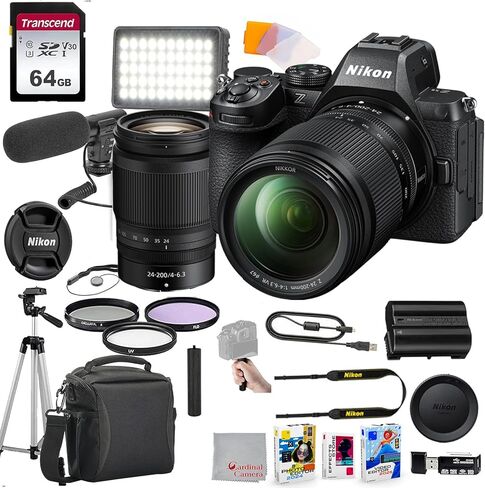 كاميرا Nikon Z5 II بدون مرآة مع عدسة مقاس 24-200 مم f/4-6.3، وذاكرة 64 جيجابايت، وميكروفون فيديو، وإضاءة فيديو LED، وحقيبة، وحامل ثلاثي القوائم، ومرشحات، وغطاء رأس، ومقبض، ومجموعة برامج تحرير الفيديو والصور in Saudi Arabia