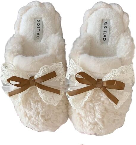 Premium Comfort Cute Kawaii Lace Bow Women's Fuzzy House Slippers Indoor Soft Warm Shoes Memory Foam Sole in Saudi Arabia