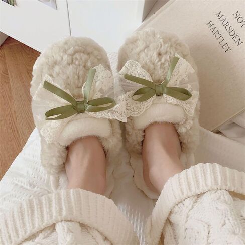 Premium Comfort Cute Kawaii Lace Bow Women's Fuzzy House Slippers Indoor Soft Warm Shoes Memory Foam Sole in Saudi Arabia