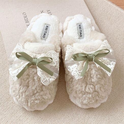 Premium Comfort Cute Kawaii Lace Bow Women's Fuzzy House Slippers Indoor Soft Warm Shoes Memory Foam Sole in Saudi Arabia