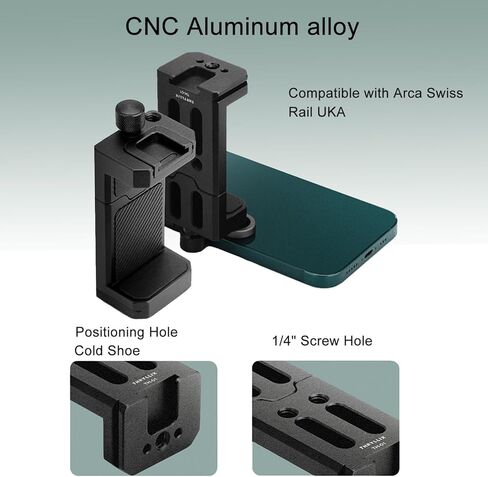 حامل ثلاثي للهاتف من الألومنيوم مع حذاء بارد وإصدار سريع من ARCA-Swiss، مشبك هاتف ذكي قابل للتعديل بخيط 1/4 بوصة، حامل هاتف عالمي لهاتف iPhone 17/16/15/14/13، Samsung، Vlogging، Filming in Kuwait