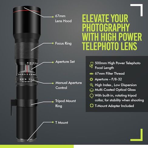 High-Power 500mm f/8 Manual Telephoto Lens for Olympus OM-D, E-M1, E-M5, E-M10, Pen-F, E-PL7, E-PL8, E-P5, E-PL5, E-PM1, E-PM2, E-P1, PL1, PL2, PL3, PL6, PL7, PL8 Cameras in Saudi Arabia