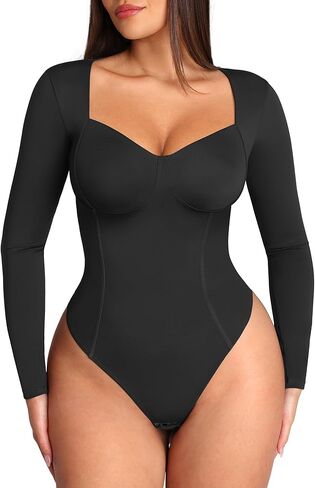 FeelinGirl Long Sleeve Shapewear Bodysuits for Women Tummy Control Shapewear Sweet Heart V Neck Compression Body Suits Tops in Saudi Arabia