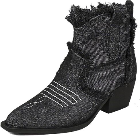 Women's Denim Embroidery Western Ankle Boots with Side Zipper Fashion Comfort Pointed Toe Stack Chunky Heel Cowboy Booties for Party Prom Dress Cowgirl Boots in Kuwait