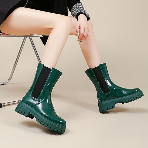 Women'S Waterproof Lug Sole Rain Boots Fashion Elastic Slip On Comfortable Platform Chunky Heel Chelsea Ankle Boots Casual Outdoor Non-Slip Rubber Garden Booties in Kuwait