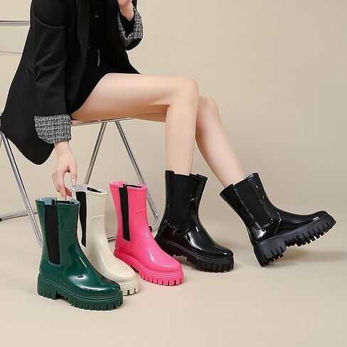Women'S Waterproof Lug Sole Rain Boots Fashion Elastic Slip On Comfortable Platform Chunky Heel Chelsea Ankle Boots Casual Outdoor Non-Slip Rubber Garden Booties in Kuwait