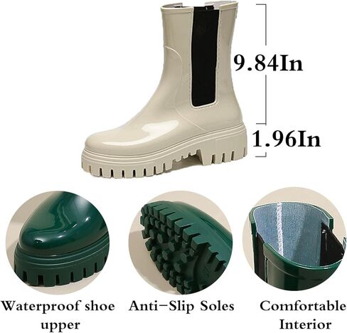 Women'S Waterproof Lug Sole Rain Boots Fashion Elastic Slip On Comfortable Platform Chunky Heel Chelsea Ankle Boots Casual Outdoor Non-Slip Rubber Garden Booties in Kuwait