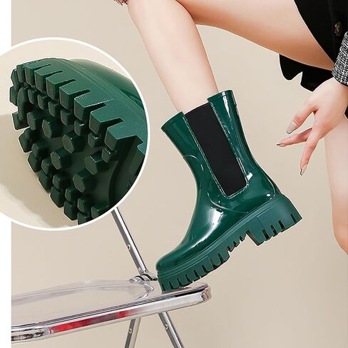 Women'S Waterproof Lug Sole Rain Boots Fashion Elastic Slip On Comfortable Platform Chunky Heel Chelsea Ankle Boots Casual Outdoor Non-Slip Rubber Garden Booties in Kuwait