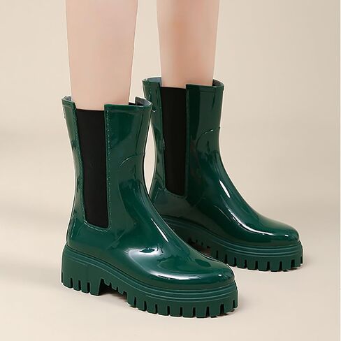 Women'S Waterproof Lug Sole Rain Boots Fashion Elastic Slip On Comfortable Platform Chunky Heel Chelsea Ankle Boots Casual Outdoor Non-Slip Rubber Garden Booties in Kuwait