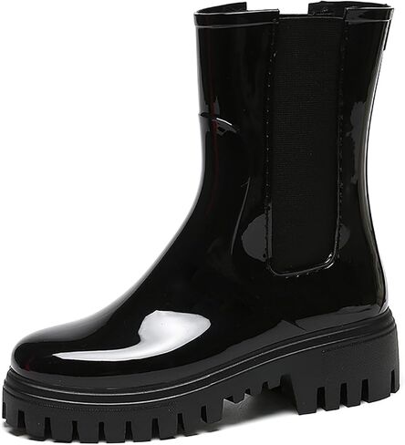 Women'S Waterproof Lug Sole Rain Boots Fashion Elastic Slip On Comfortable Platform Chunky Heel Chelsea Ankle Boots Casual Outdoor Non-Slip Rubber Garden Booties in Kuwait