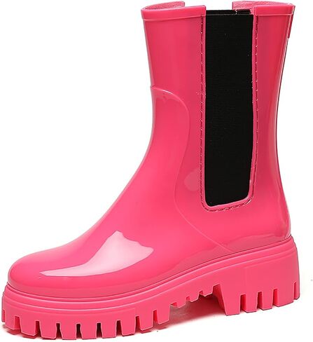 Women'S Waterproof Lug Sole Rain Boots Fashion Elastic Slip On Comfortable Platform Chunky Heel Chelsea Ankle Boots Casual Outdoor Non-Slip Rubber Garden Booties in Kuwait