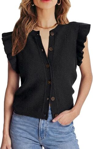 Womens Fall Trendy Ruffle Sleeve Sweater Vests Casual Button Down Crewneck Knit Frill Waistcoats in Saudi Arabia