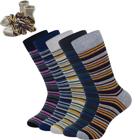 Men's Colorful Striped Crew Socks 5-Pack – Soft Cotton, Breathable, Ideal for Gifting in Saudi Arabia