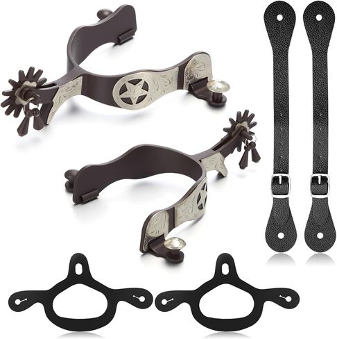 2 Pack Spurs for Cowboy Boots Men with 2 Pcs 6 Holes Leather Belt and Rubber Tie Down Straps, Stainless Steel Western English Horse Spurs with Rotatable Gear, Equestrian Riding Accessories in Saudi Arabia