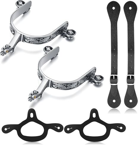2 Pack Spurs for Cowboy Boots Men with 2 Pcs 6 Holes Leather Belt and Rubber Tie Down Straps, Stainless Steel Western English Horse Spurs with Rotatable Gear, Equestrian Riding Accessories in Saudi Arabia
