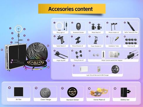 كشك صور HARZHI 360 درجة مع حقيبة طيران، آلة كشك صور 360 درجة لحفلات عيد الميلاد وحفلات الزفاف، تطبيق برمجي للتحكم عن بعد وملحقات الدوران التلقائي (68 سم /26.8 بوصة) in Kuwait