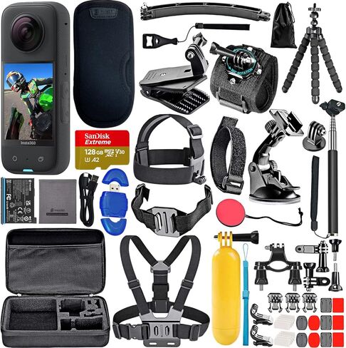 كاميرا الحركة Insta360 X3 المقاومة للماء بزاوية 360 درجة، وأجهزة استشعار بدقة 48 ميجابكسل، وحزمة فيديو بدقة 5.7K HDR مع بطاقة ذاكرة سعة 128 جيجابايت ومجموعة ملحقات مكونة من 50 قطعة (متجددة) in Kuwait