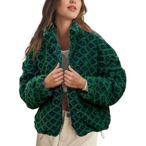 Womens Checkered Sherpa Jacket Cropped Long Sleeve Plaid Fleece Coats Casual Zip Up Gingham Outwear with Pockets in Saudi Arabia