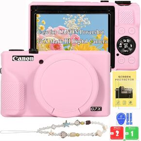 حافظة لكاميرا Canon Powershot G7 X Mark III الرقمية مع حزام معصم ساحر للكاميرا وواقي شاشة، حافظة حماية للكاميرا من السيليكون مع غطاء عدسة لملحقات Canon g7x Mark iii (وردي) in Kuwait