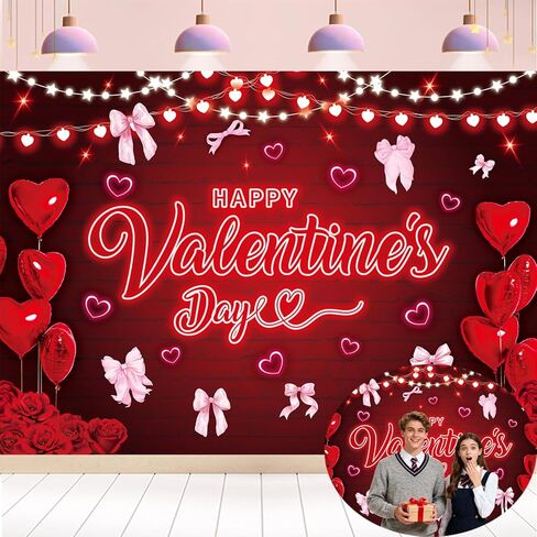 Happy Galentine's Day Backdrop 7x5FT Pink Bow Red Love Heart Balloon Photography Background Rose Flowers Galentines Party Decorations Photo Props in Saudi Arabia