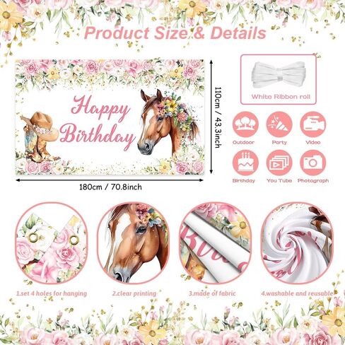 Horse Birthday Backdrop for Girl Western Cowgirl Photography Background Saddle Up Pink Floral Birthday Party Decorations Banner Photo Studio Props 70.8 x 43.3 inch in Saudi Arabia