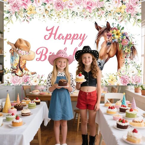 Horse Birthday Backdrop for Girl Western Cowgirl Photography Background Saddle Up Pink Floral Birthday Party Decorations Banner Photo Studio Props 70.8 x 43.3 inch in Saudi Arabia