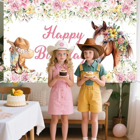 Horse Birthday Backdrop for Girl Western Cowgirl Photography Background Saddle Up Pink Floral Birthday Party Decorations Banner Photo Studio Props 70.8 x 43.3 inch in Saudi Arabia