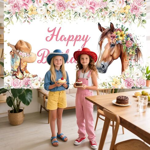 Horse Birthday Backdrop for Girl Western Cowgirl Photography Background Saddle Up Pink Floral Birthday Party Decorations Banner Photo Studio Props 70.8 x 43.3 inch in Saudi Arabia