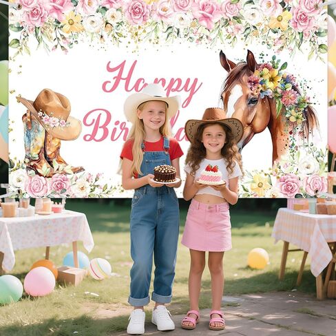 Horse Birthday Backdrop for Girl Western Cowgirl Photography Background Saddle Up Pink Floral Birthday Party Decorations Banner Photo Studio Props 70.8 x 43.3 inch in Saudi Arabia