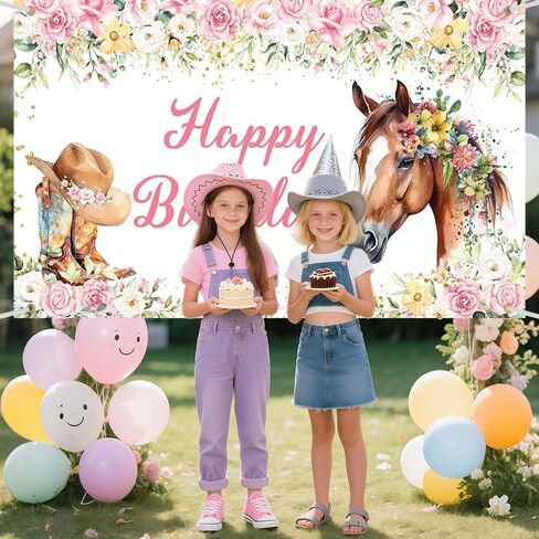 Horse Birthday Backdrop for Girl Western Cowgirl Photography Background Saddle Up Pink Floral Birthday Party Decorations Banner Photo Studio Props 70.8 x 43.3 inch in Saudi Arabia