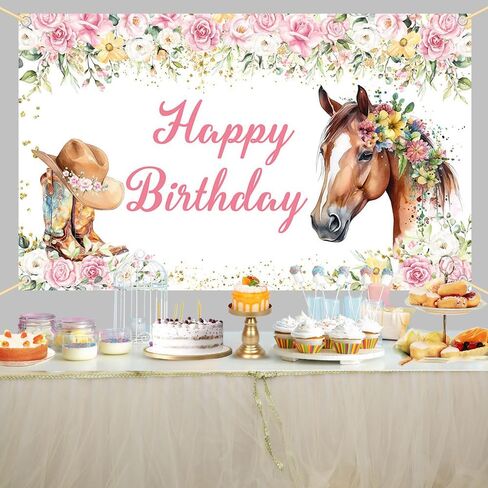 Horse Birthday Backdrop for Girl Western Cowgirl Photography Background Saddle Up Pink Floral Birthday Party Decorations Banner Photo Studio Props 70.8 x 43.3 inch in Saudi Arabia