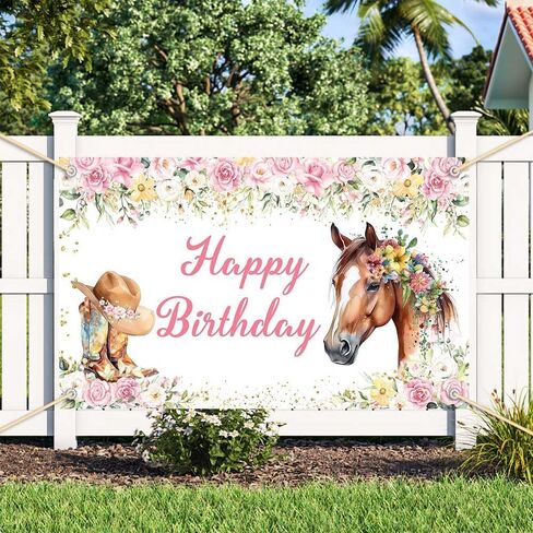 Horse Birthday Backdrop for Girl Western Cowgirl Photography Background Saddle Up Pink Floral Birthday Party Decorations Banner Photo Studio Props 70.8 x 43.3 inch in Saudi Arabia